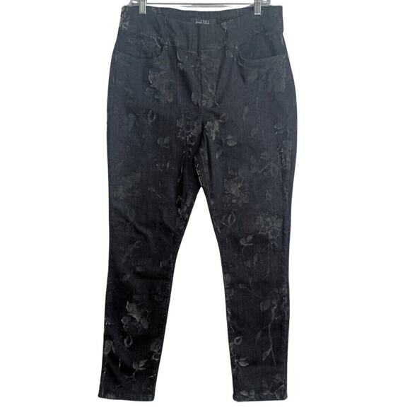 Joseph Ribkoff Jeans 12 Black Floral Velvet Flocked Pull On Stretch Denim Pants - Picture 1 of 10